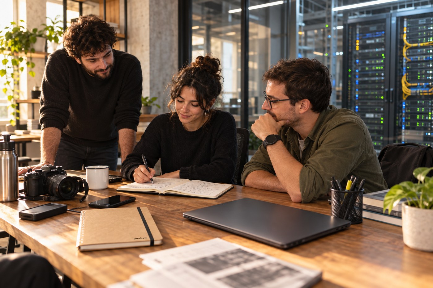 Equipo editorial escribe en un cuaderno junto a un rack visible tras una mampara; InfraCrew aparece impreso pequeño en el borde de una libreta.