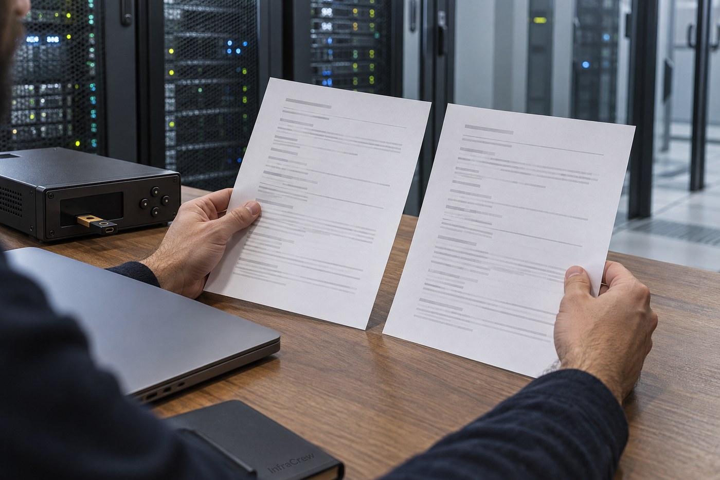 Un analista compara dos certificados impresos junto a un módulo de seguridad y racks al fondo; InfraCrew se lee apenas grabado en una libreta al borde.