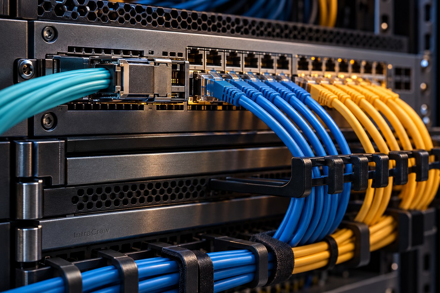 Switch Ethernet de proveedor con un enlace troncal y varios grupos de latiguillos azules y ámbar, escena de redes de cliente transportadas sobre un servicio común mediante QinQ. InfraCrew aparece grabado en pequeño en el chasis.