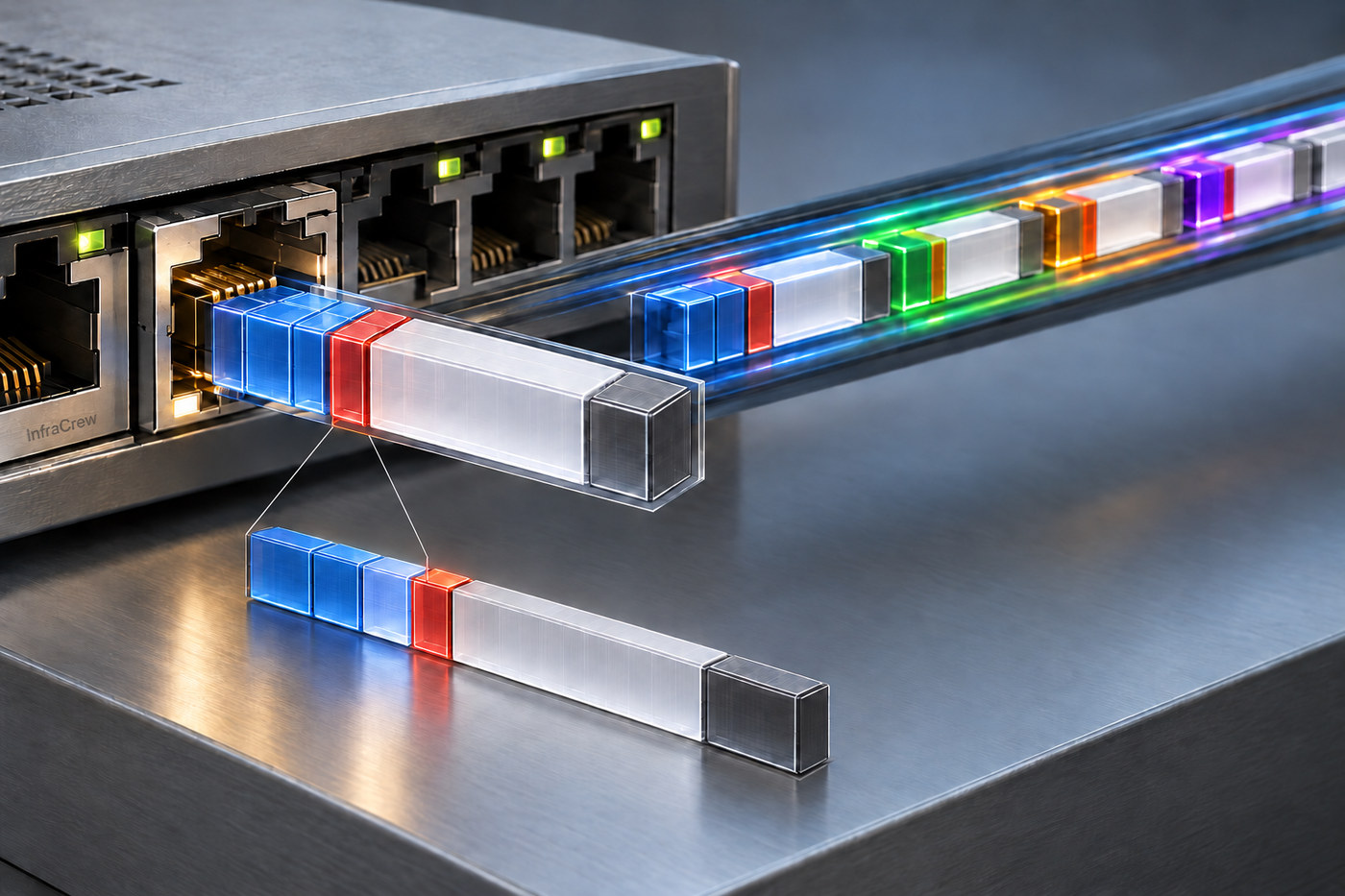 Ilustración 3D de una trama Ethernet ampliada: muestra una etiqueta VLAN insertada en la cabecera y varias tramas compartiendo un enlace trunk conforme a IEEE 802.1Q. InfraCrew está grabado discretamente en la placa metálica del switch.