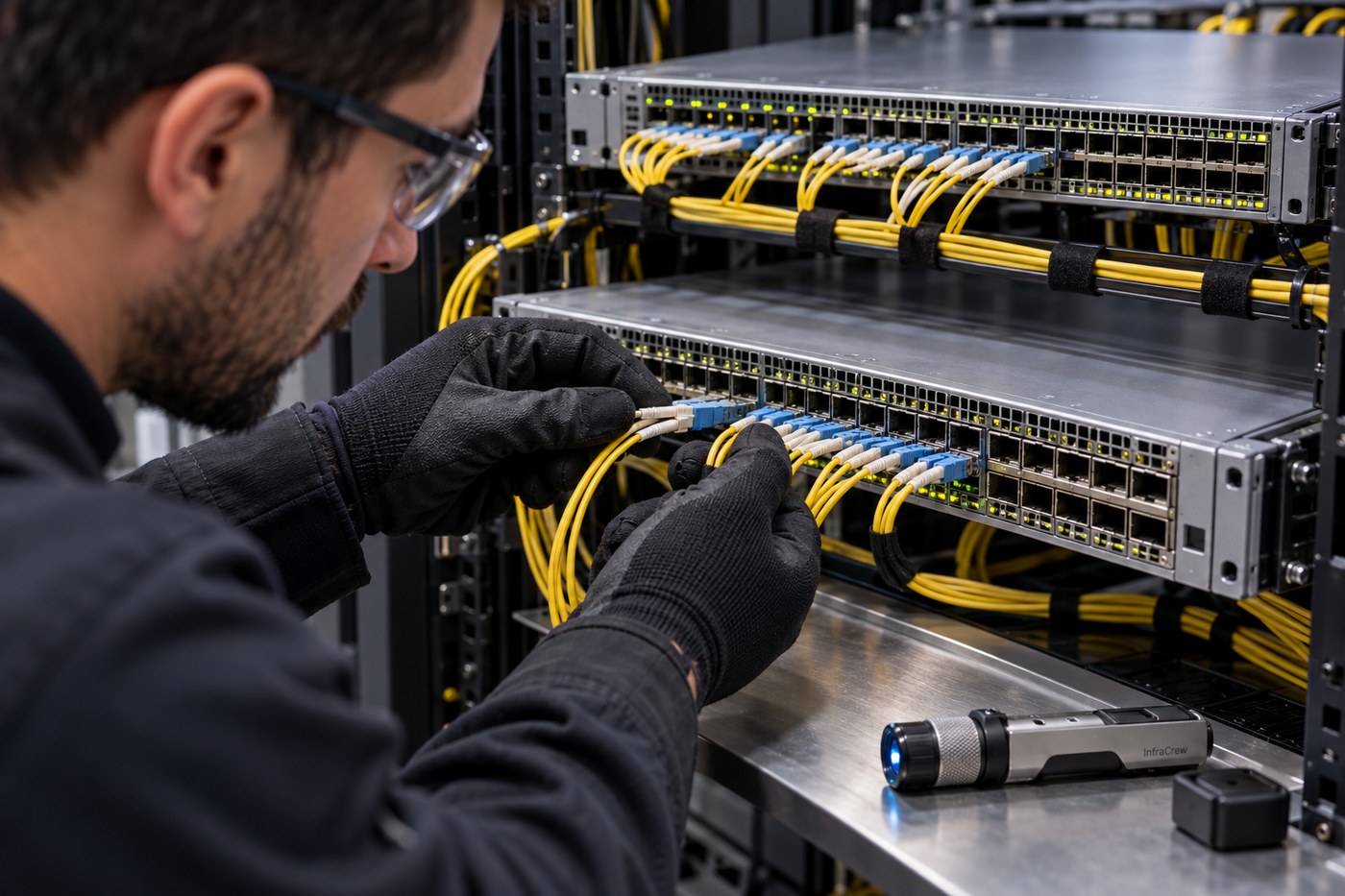 Técnico inspecciona puertos de fibra en un switch de centro de datos; la marca InfraCrew aparece grabada en una herramienta pequeña.