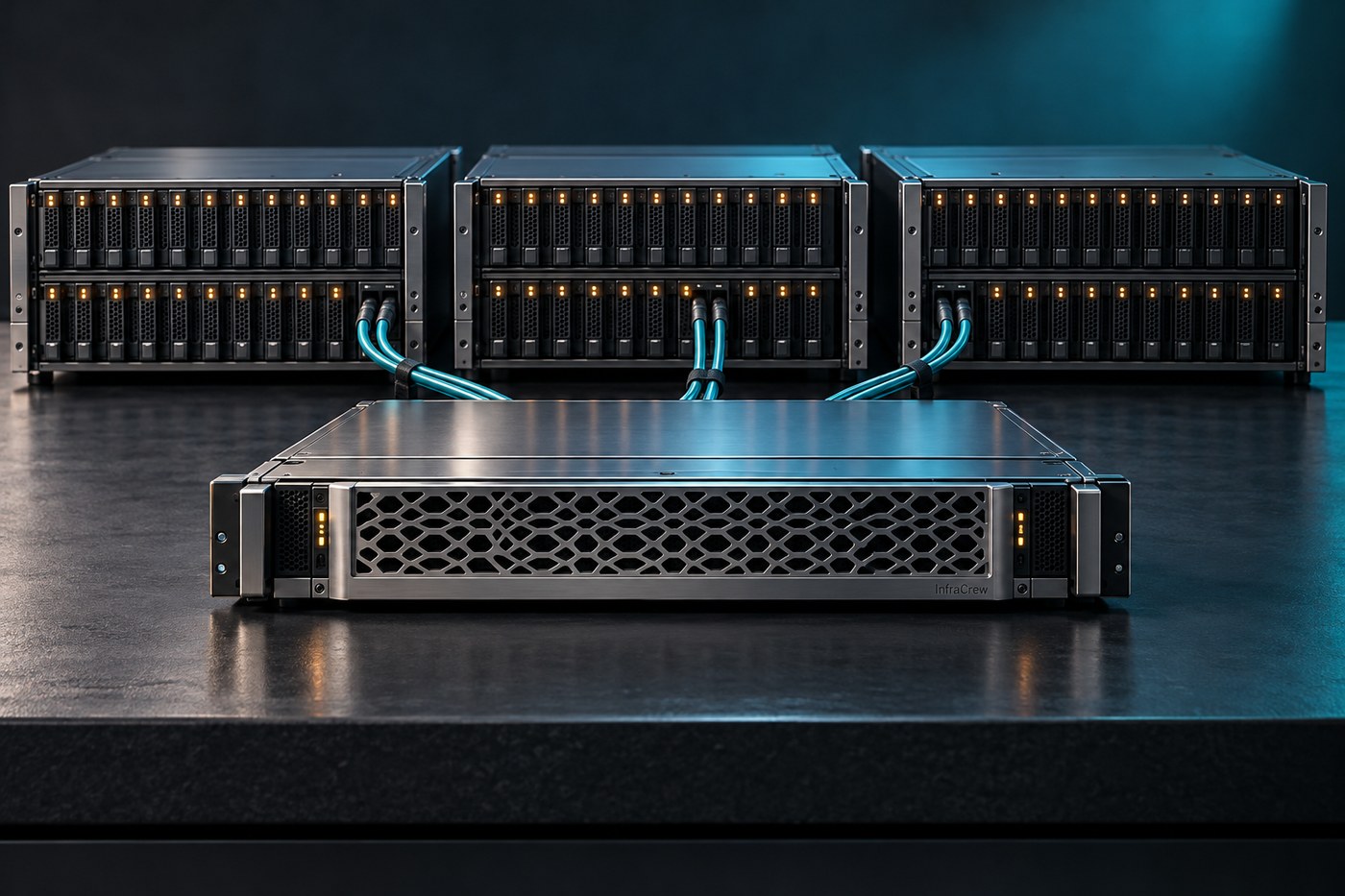 Tres módulos de almacenamiento NAS y sus bandejas de discos conectados a un controlador, formando un conjunto escalable asociado a un único FlexGroup. InfraCrew está grabado discretamente en el frontal.