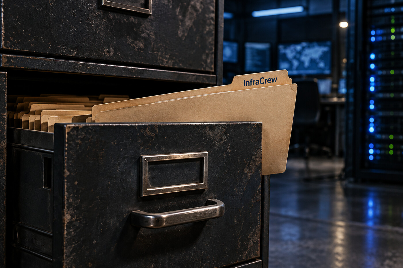 Archivador metálico con un cajón abierto y una carpeta marcada InfraCrew que sobresale; al fondo, sala de operaciones y servidores desenfocados.