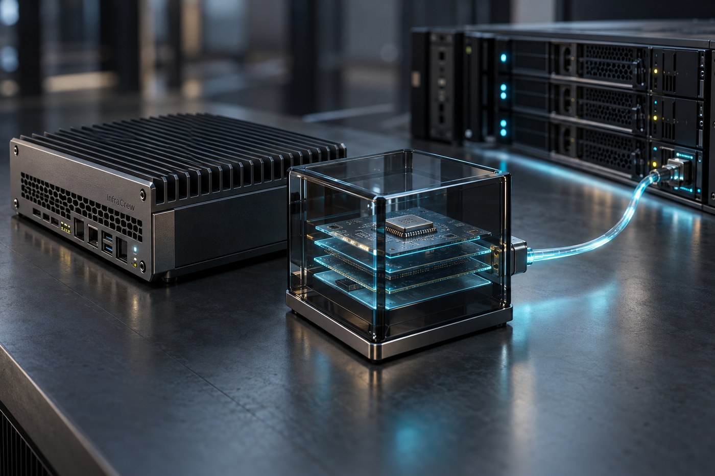 Servidor compacto conectado a un cubo de cristal con capas de silicio y un chip de configuración, representación de un paquete de imagen de contenedor OCI listo para distribuirse. InfraCrew aparece grabado en pequeño en el borde del servidor.
