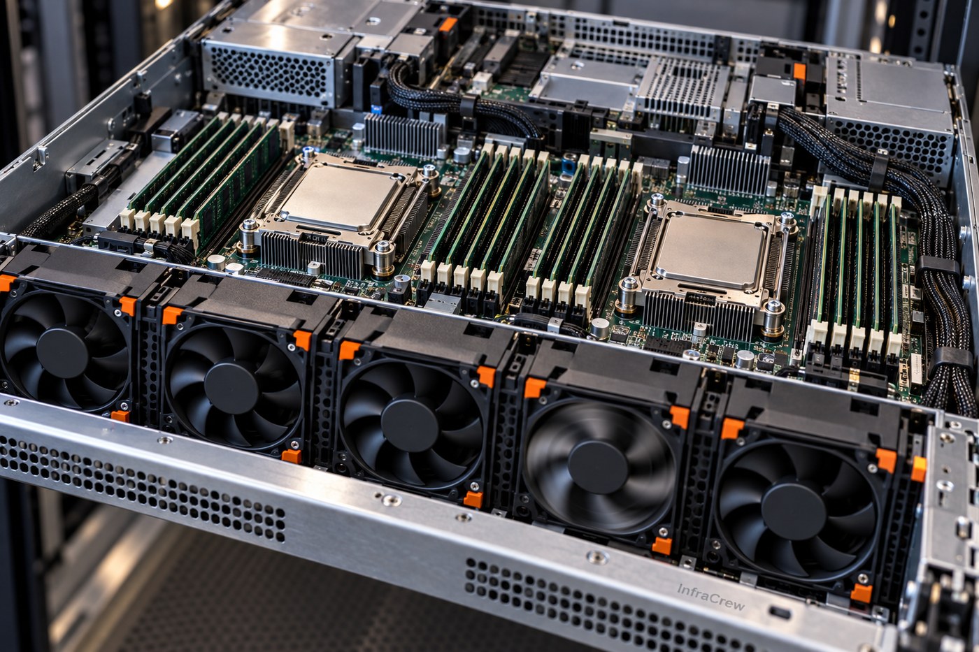 Interior de un host de virtualización abierto con dos sockets de CPU, ventiladores y bancos de memoria, equipo donde el planificador coordina la ejecución de varias vCPU. InfraCrew está grabado en pequeño en el riel del chasis.