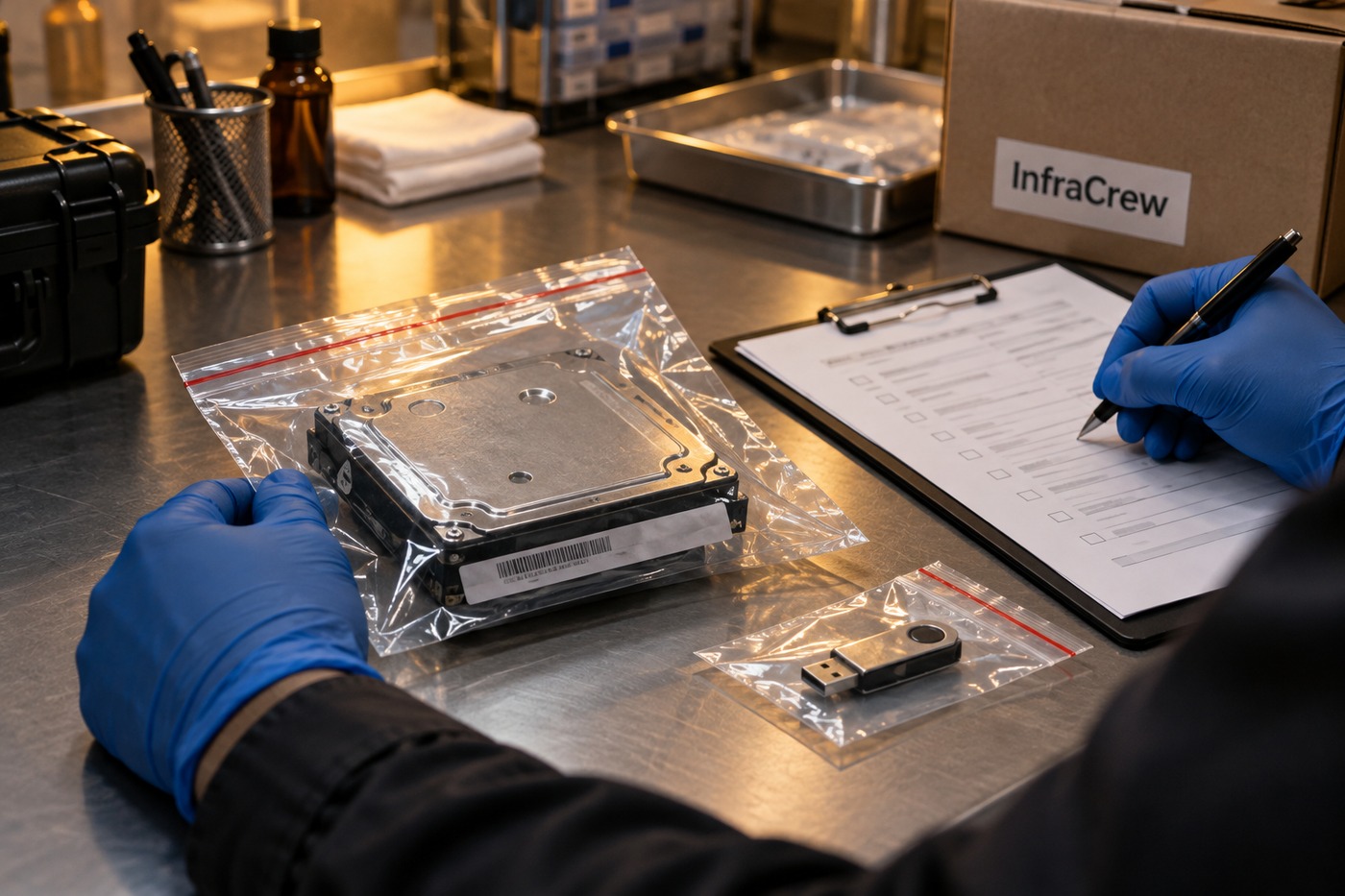 Una unidad de almacenamiento dentro de una bolsa de evidencia y una memoria USB separada sobre una mesa de respuesta a incidentes; una mano enguantada completa una lista y una caja lleva la marca InfraCrew.