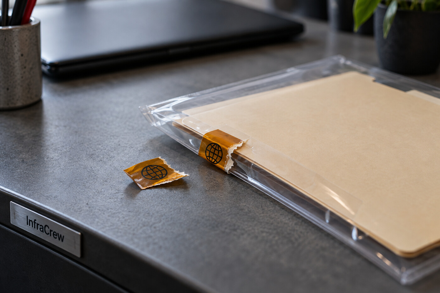 Carpeta de documentos en una funda transparente con el sello ámbar de procedencia roto sobre la mesa y un portátil cerrado desenfocado; distintivo InfraCrew visible.