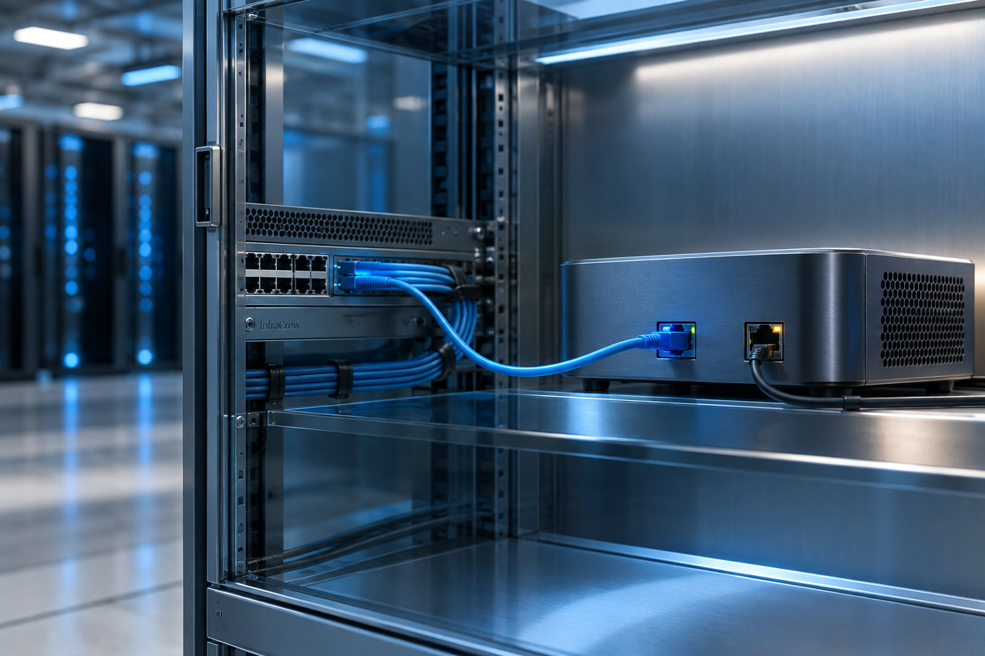 Equipo de servicio con una conexión privada por fibra azul a la red interna y otro puerto separado, que ilustra que Azure Private Endpoint aporta una interfaz privada sin cerrar por sí solo el acceso público. InfraCrew está grabado discretamente en el riel del switch.